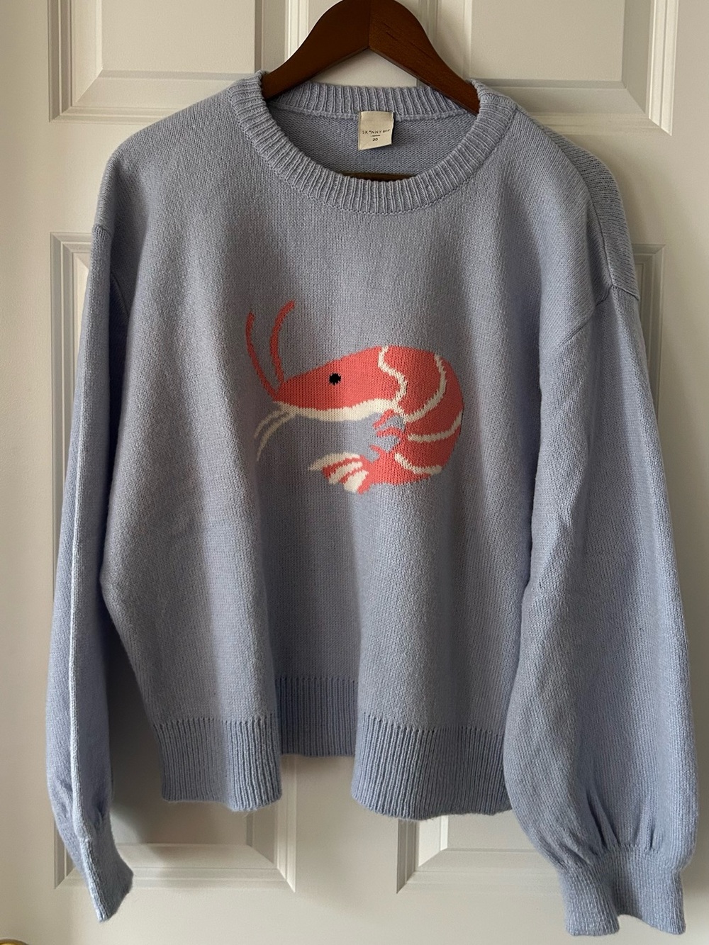 Light Blue Crewneck Sweater with Pink Shrimp Motif